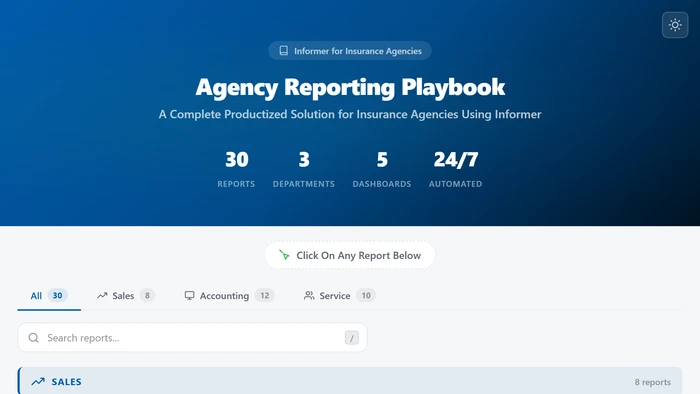 Agency Reporting Playbook listing reports across sales, accounting, and service