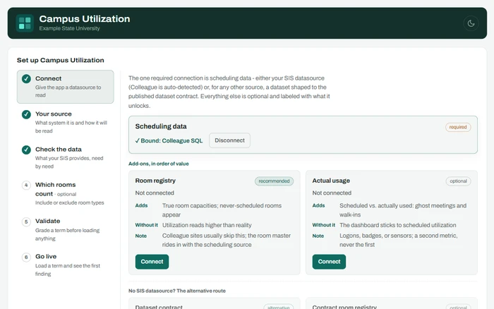 Campus Utilization App: the setup guide, connecting scheduling data from the SIS and showing what each optional add-on unlocks