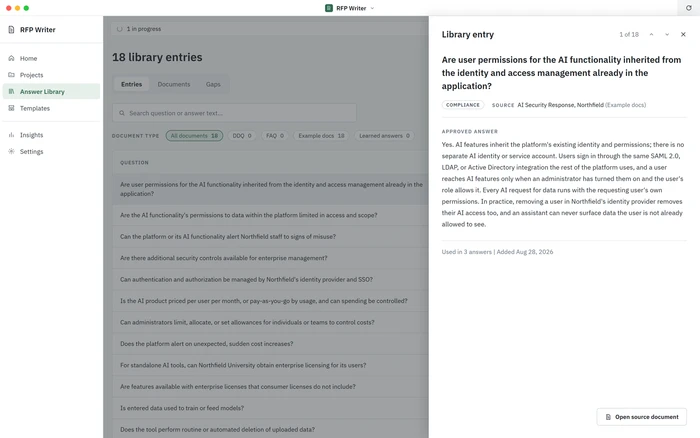 RFP Writer: one approved answer in the library, with its source document and how often it has been reused, on sample data