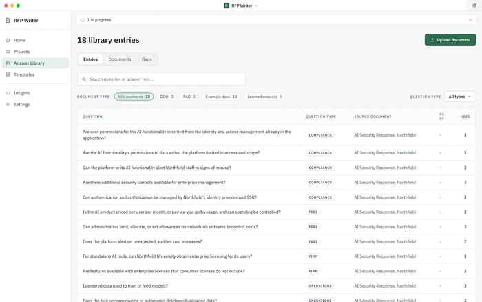 RFP Writer: the Answer Library of approved responses, filterable by document and question type, on sample data