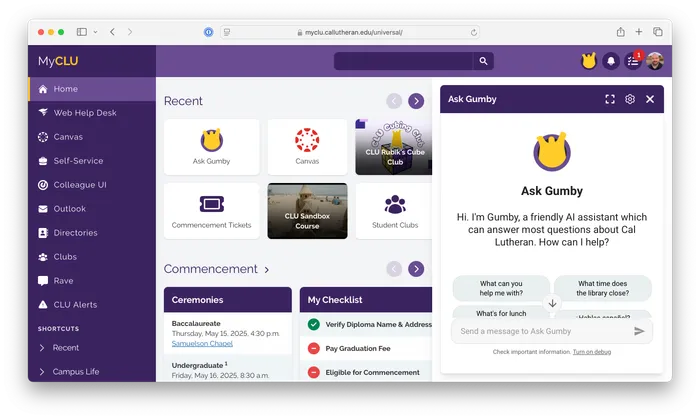 Ask Gumby in the MyCLU student portal