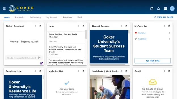 Coker University's Ellucian Experience portal with Striker Assistant embedded