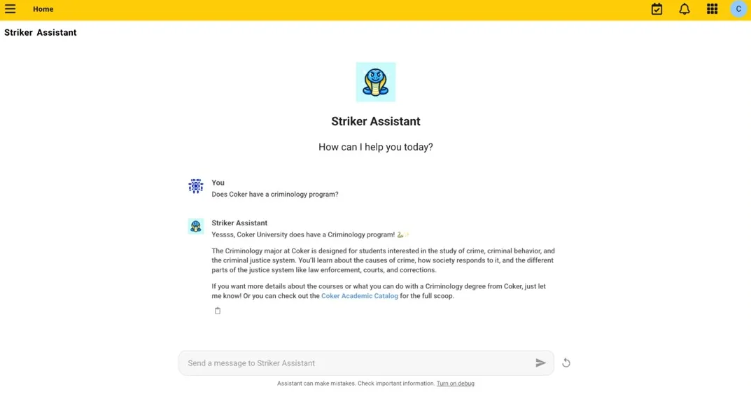 Striker Assistant full-screen conversation about Coker's criminology program