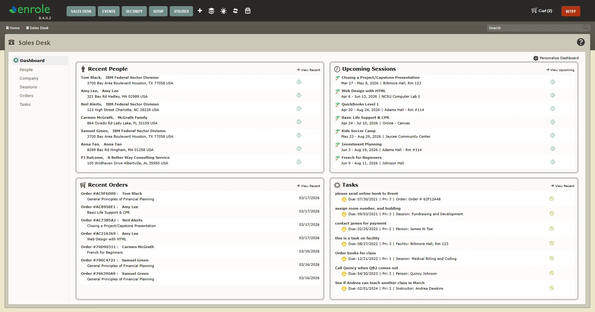 Enrole sales desk dashboard with people, sessions, orders, and tasks