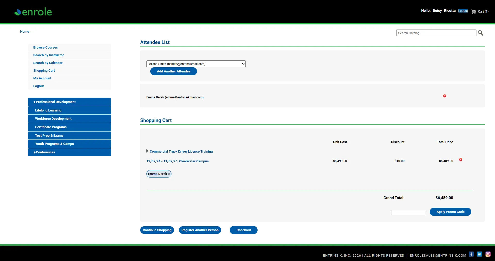 Enrole shopping cart checkout
