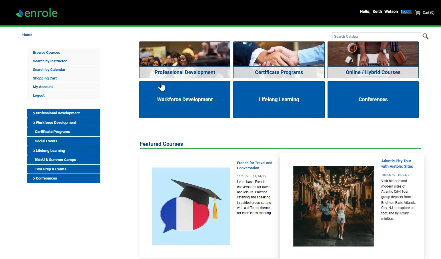 Enrole course catalog showing non-credit programs available for learner registration