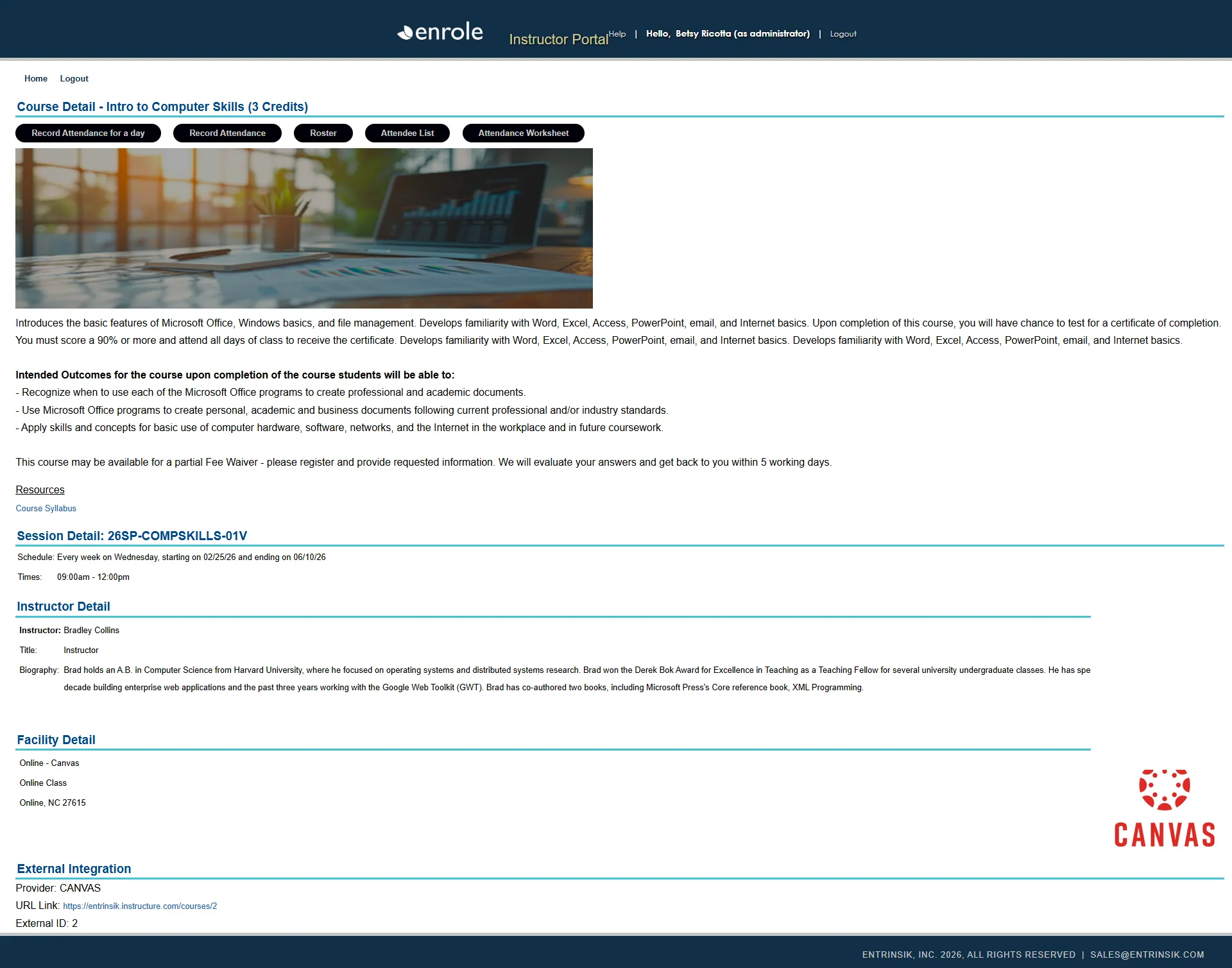Enrole instructor portal with roster, attendance, and course details