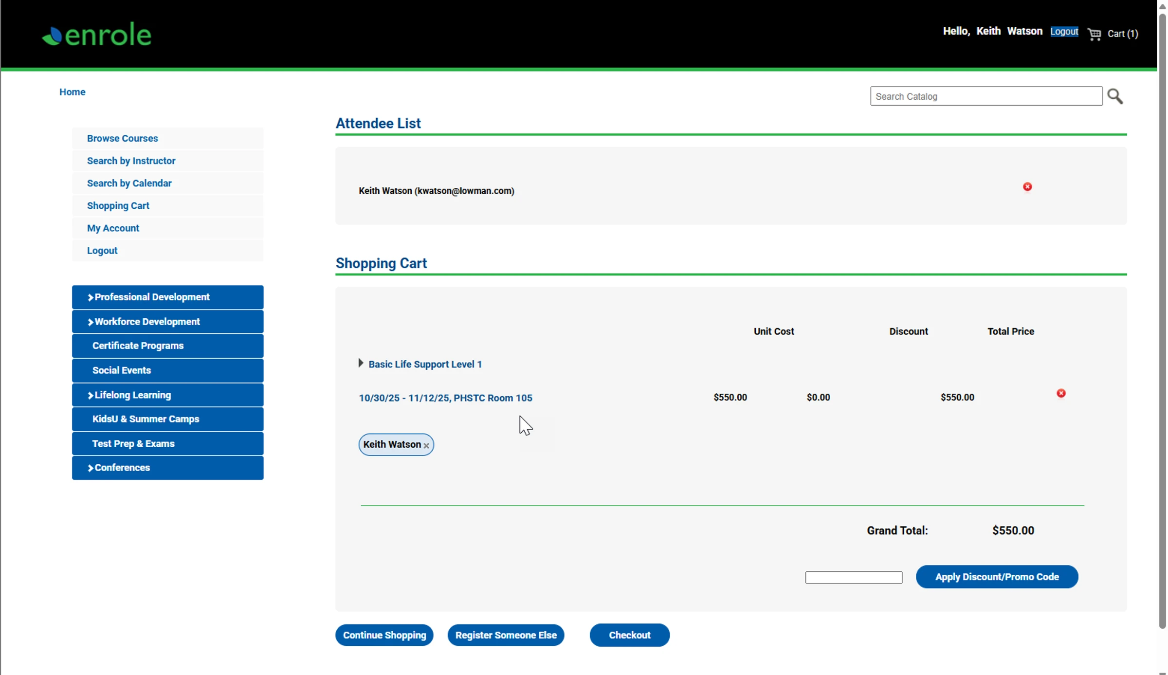 Enrole self-service registration shopping cart
