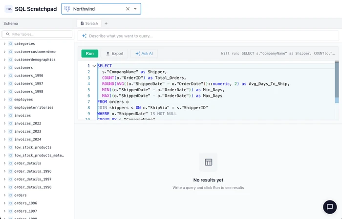 SQL Scratchpad with AI-assisted query editor and schema browser